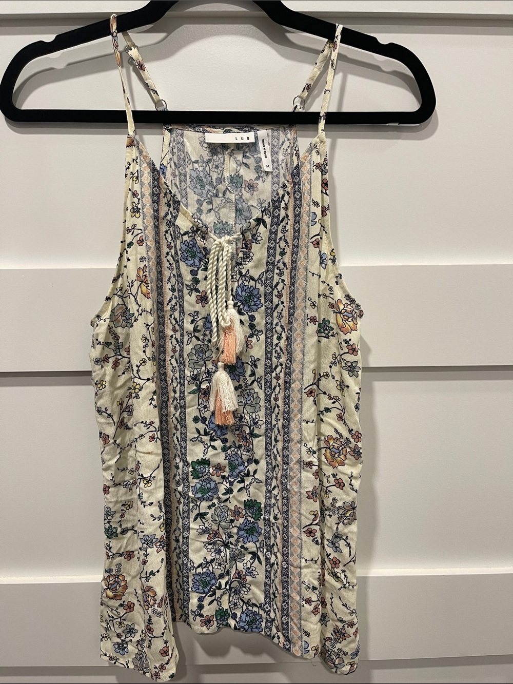 LUO Boho Cream Floral Tassel Spaghetti-Strap Tank Top
